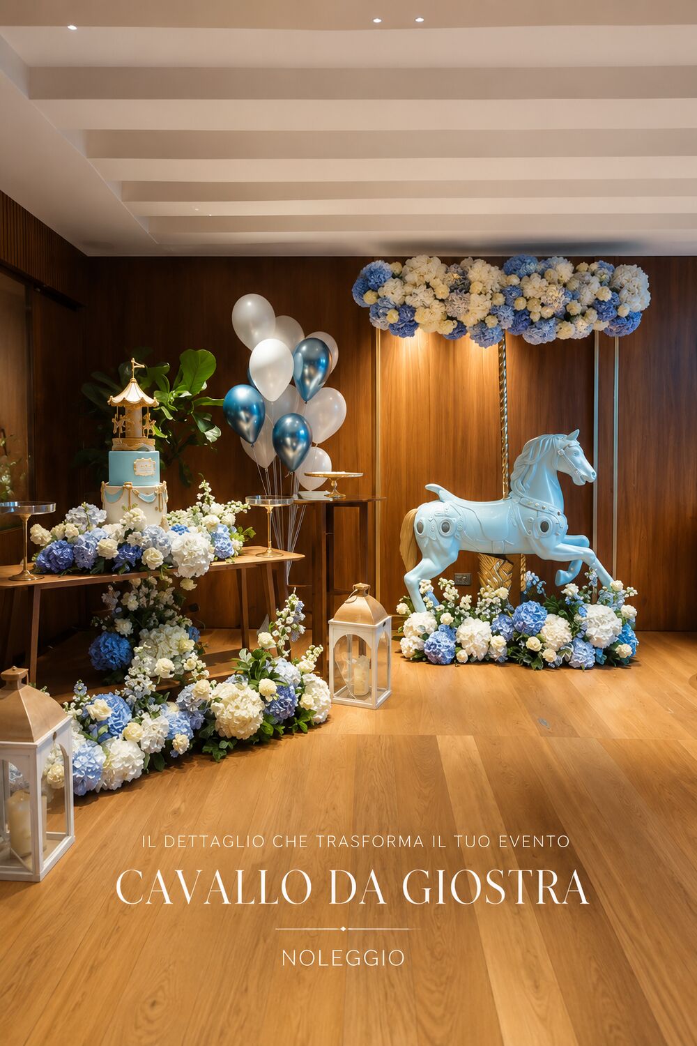 Cavallo da giostra azzurro per battesimo maschietto